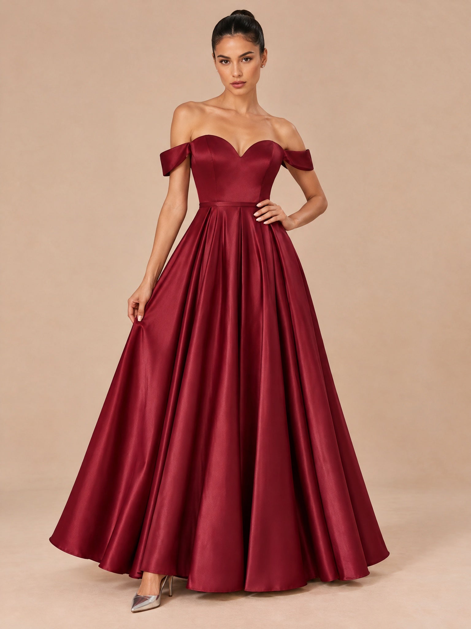 Augday Grace Off-the-Shoulder Sweetheart Pleated Satin Maxi Dress