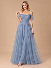 Augday Serena Off-the-Shoulder Sweetheart Pleated Tulle Maxi Dress
