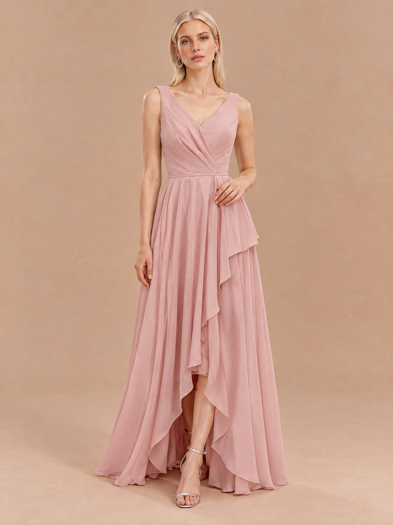 Augday Lily V-Neck Cascading Ruffle Asymmetric Chiffon Maxi Dress