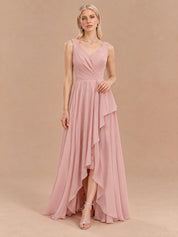 Augday Lily V-Neck Cascading Ruffle Asymmetric Chiffon Maxi Dress