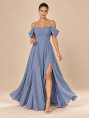 Augday Evelyn Off-the-Shoulder Sweetheart Pleated Chiffon Maxi Dress
