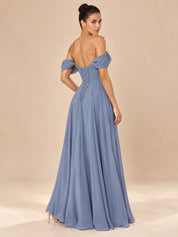 Augday Evelyn Off-the-Shoulder Sweetheart Pleated Chiffon Maxi Dress