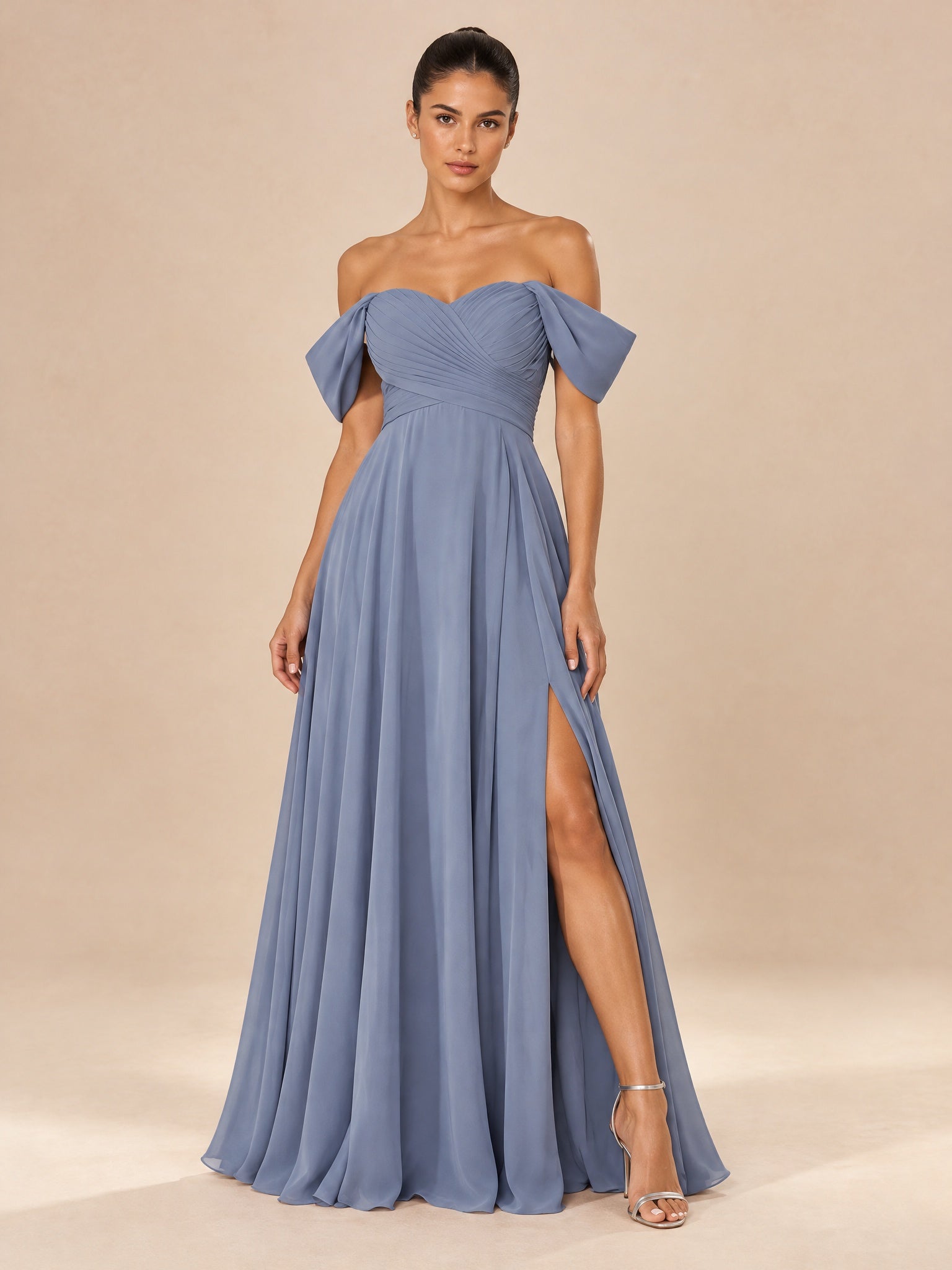 Augday Evelyn Off-the-Shoulder Sweetheart Pleated Chiffon Maxi Dress