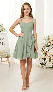 Augday Laly Girl Short Chiffon Flower Girl Dress for Wedding Spaghetti Straps Teens Formal Dresses