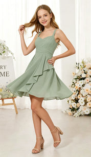 Augday Laly Girl Short Chiffon Flower Girl Dress for Wedding Spaghetti Straps Teens Formal Dresses