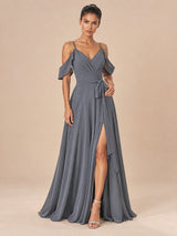Augday Harper Cold-Shoulder V-Neck Pleated Chiffon Maxi Dress