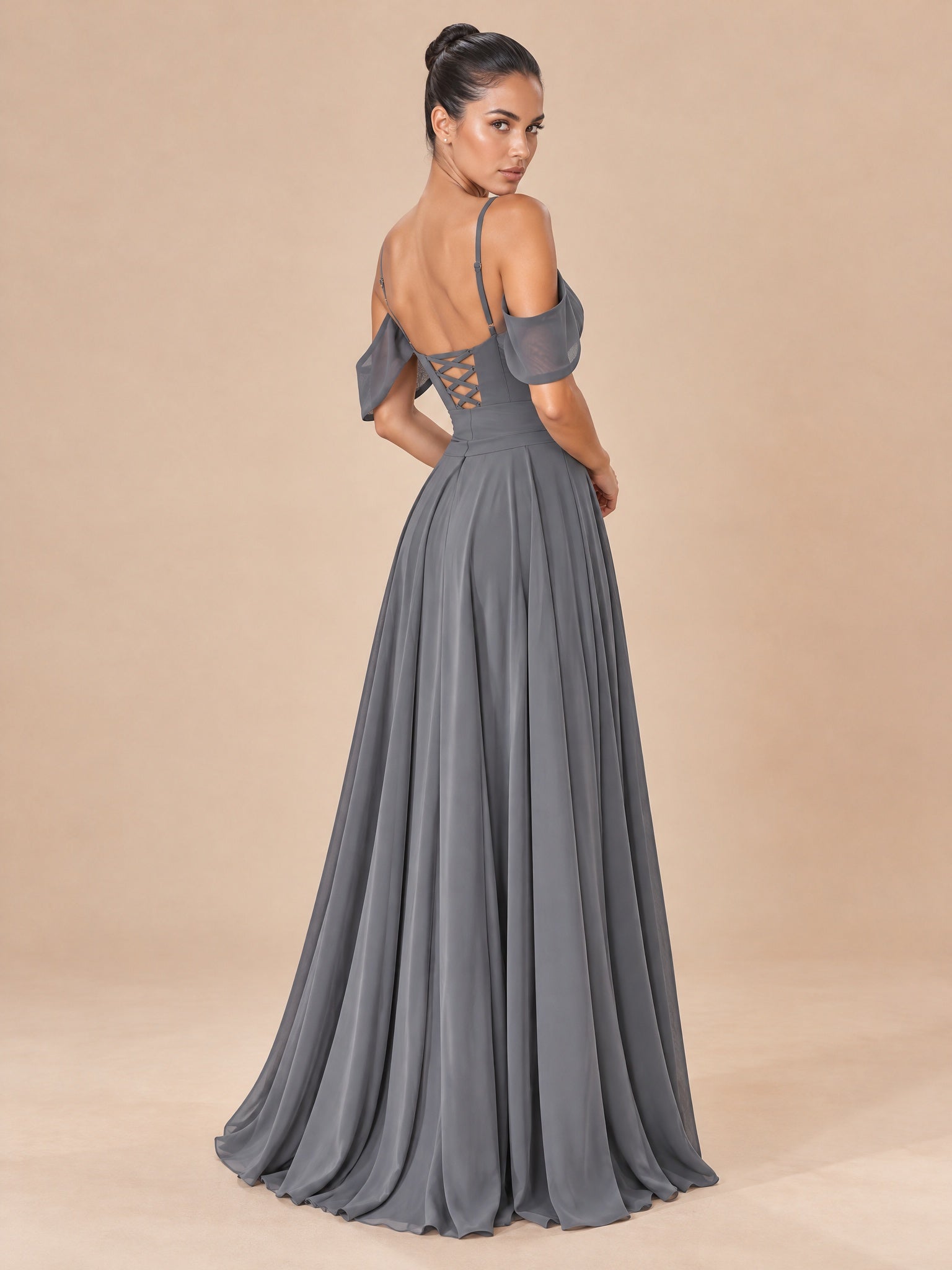 Augday Harper Cold-Shoulder V-Neck Pleated Chiffon Maxi Dress