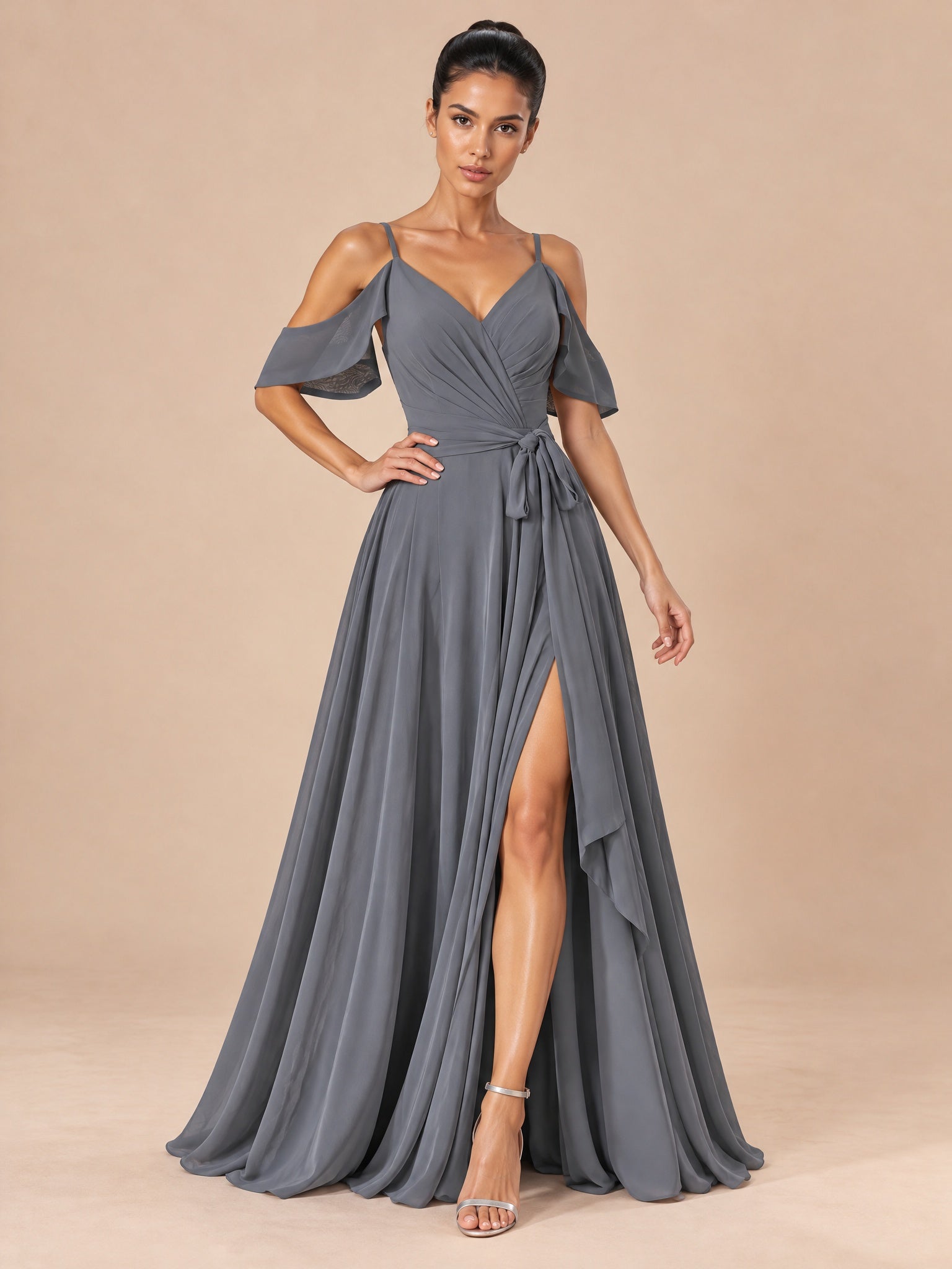 Augday Harper Cold-Shoulder V-Neck Pleated Chiffon Maxi Dress