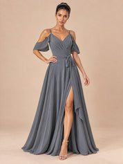 Augday Harper Cold-Shoulder V-Neck Pleated Chiffon Maxi Dress