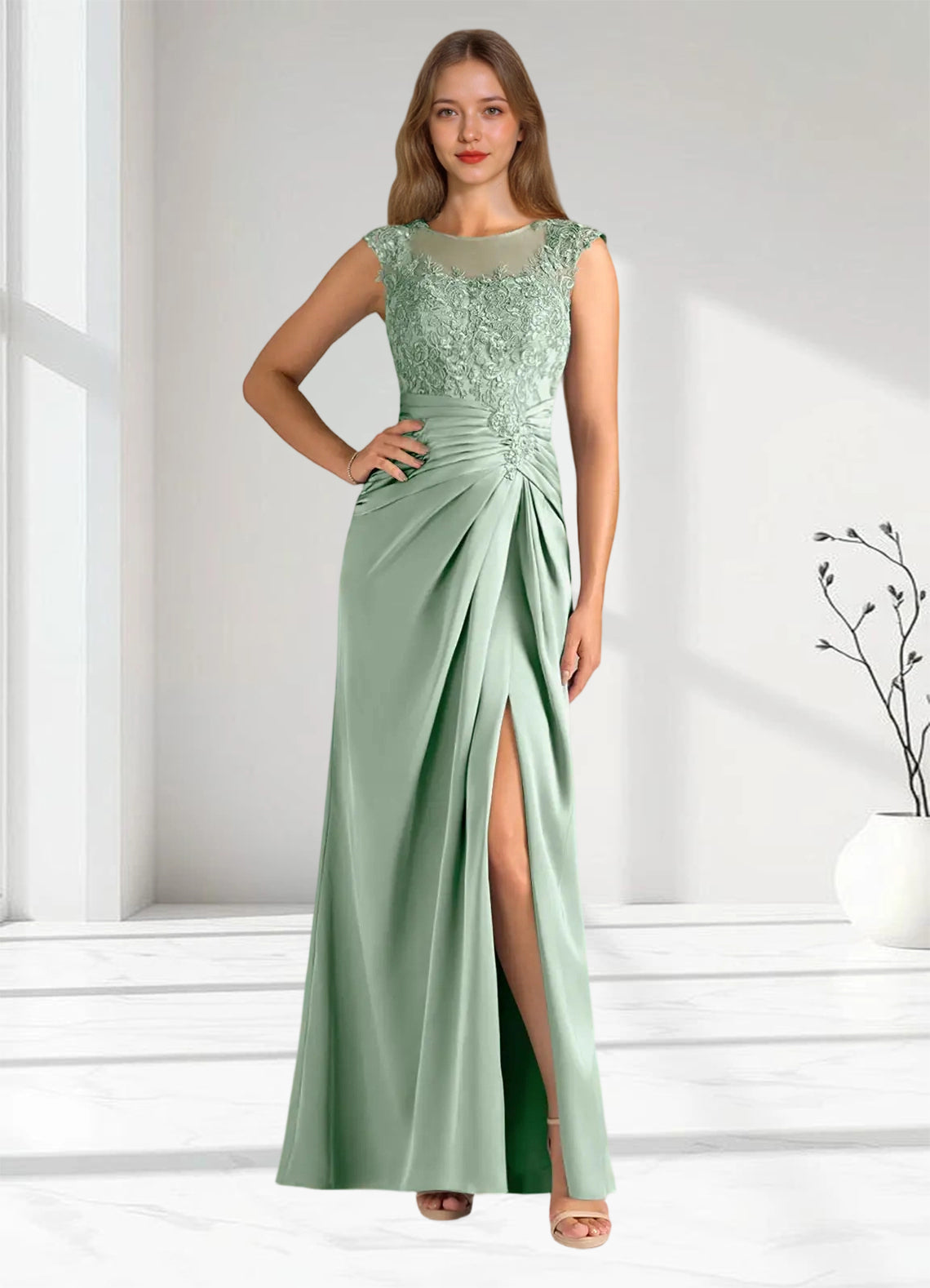 Augday Santa Barbara Sheath Pleated Stretch Satin Dress