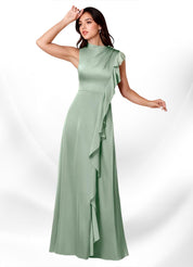 Augday Narine A-Line High Neckline Pleated Stretch Satin Dress