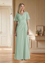 Augday Morning Glory A-Line V-Neck Ruched Chiffon Dress