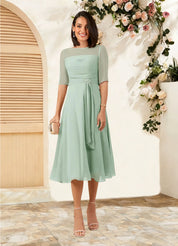 Augday Naomi A-Line Boatneck Pleated Chiffon Dress