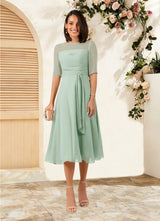 Augday Naomi A-Line Boatneck Pleated Chiffon Dress