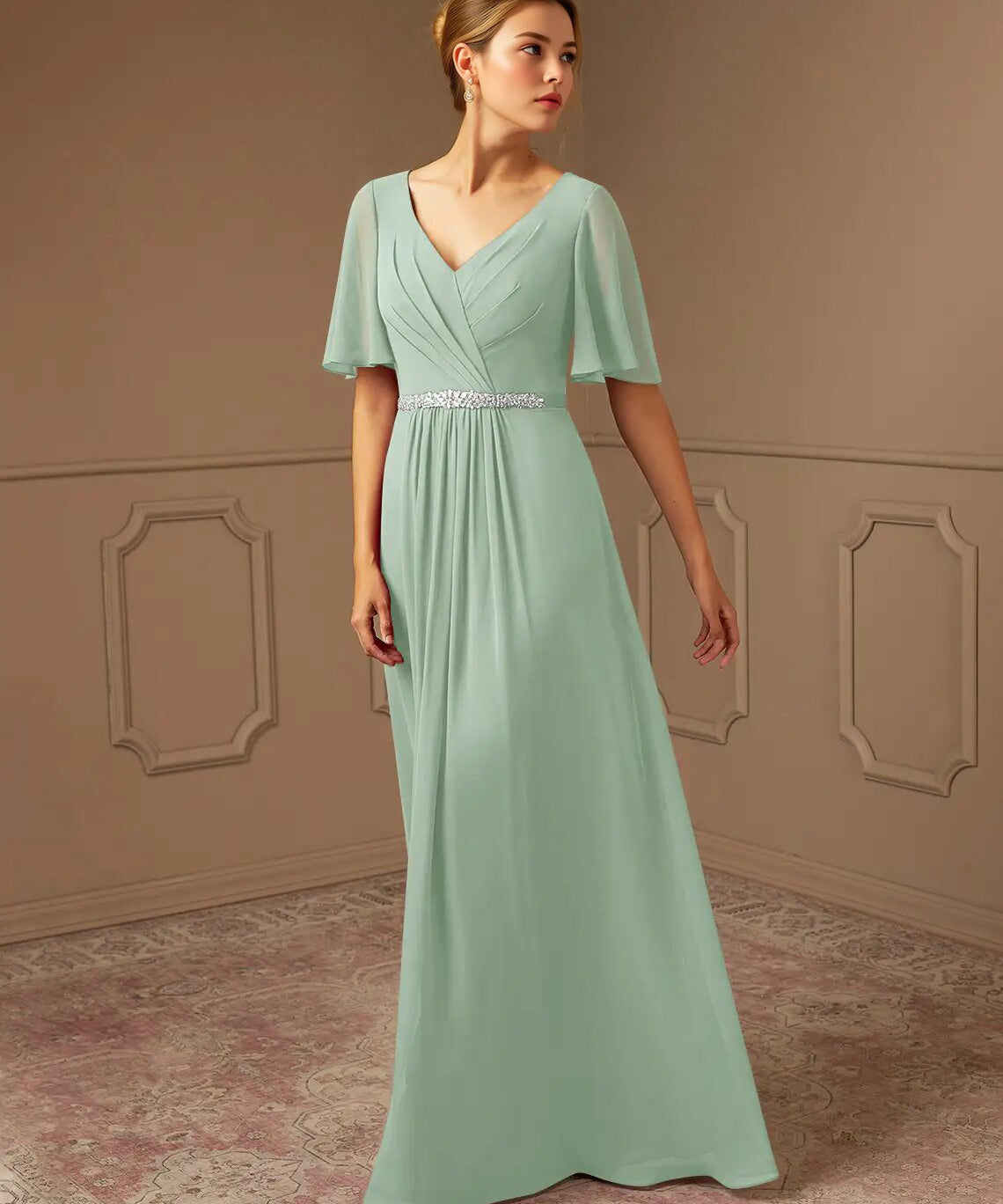 Augday A-Line V-Neck Pleated Chiffon Dress
