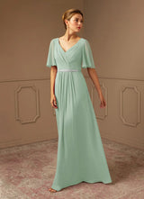 Augday A-Line V-Neck Pleated Chiffon Dress