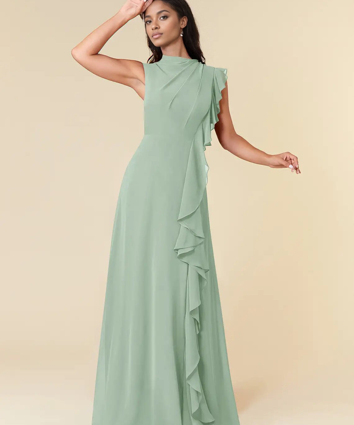 Augday A-Line High Neckline Pleated Chiffon Dress