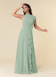Augday A-Line High Neckline Pleated Chiffon Dress