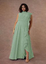 Augday A-Line High Neckline Pleated Chiffon Dress Plus Size