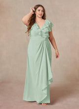 Augday A-Line V-Neck Ruched Chiffon Dress Plus Size