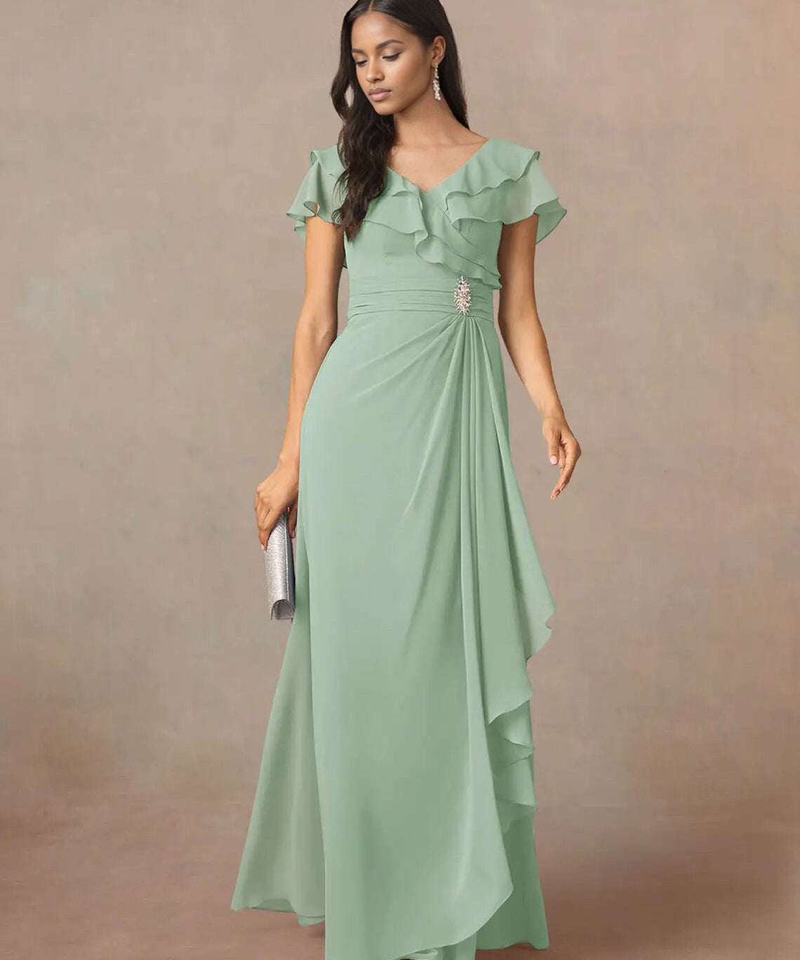 Augday A-Line V-Neck Ruched Chiffon Dress