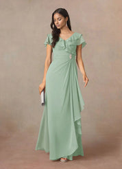 Augday A-Line V-Neck Ruched Chiffon Dress