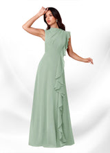 Augday Narine A-Line High Neckline Pleated Chiffon Dress