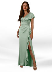 Augday Roya Mermaid V-Neck Pleated Stretch Satin Dress