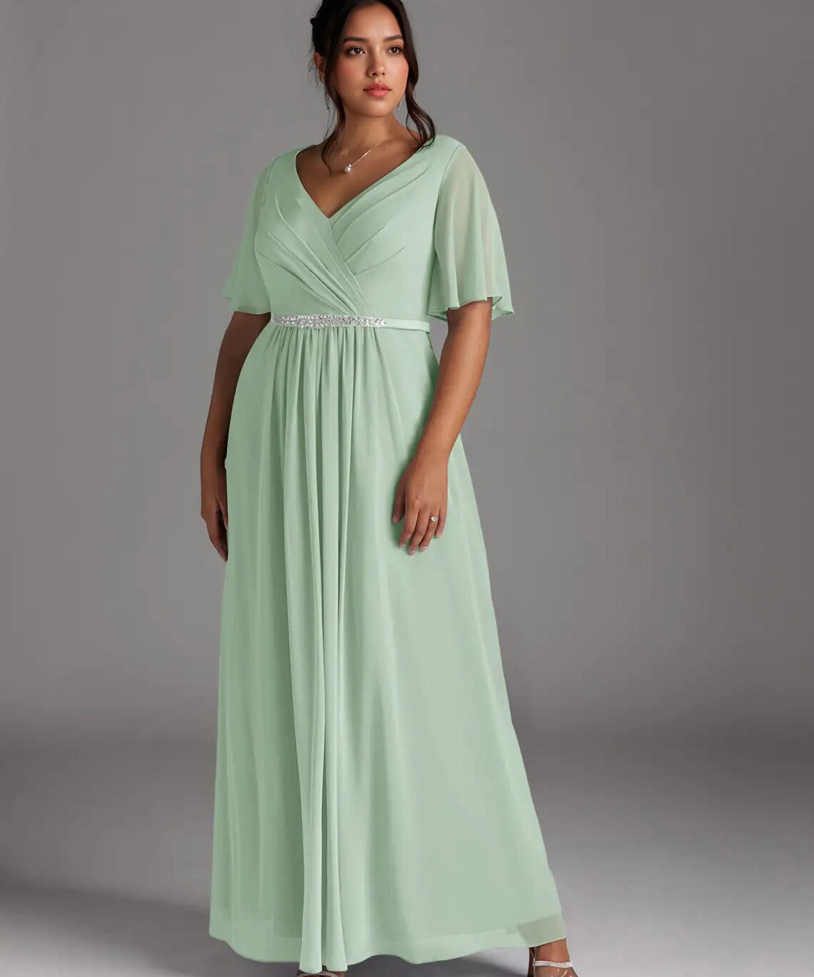 Augday A-Line V-Neck Pleated Chiffon Dress Plus Size