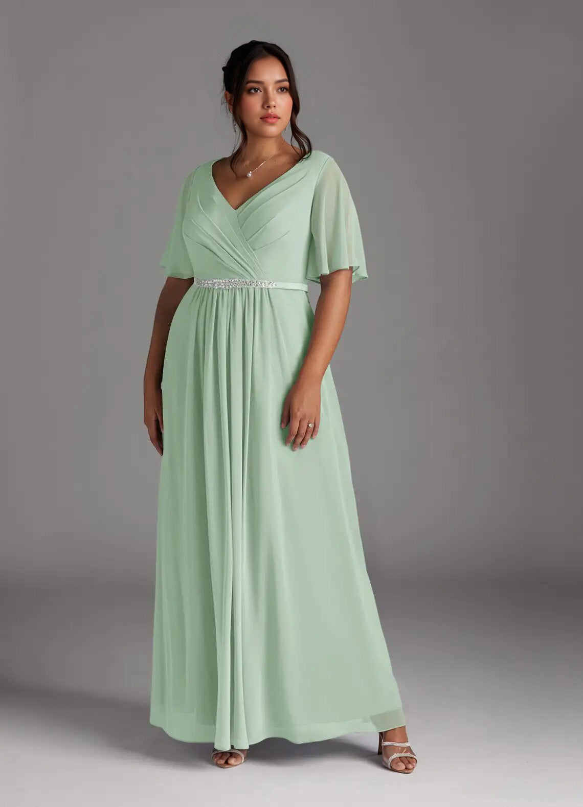 Augday A-Line V-Neck Pleated Chiffon Dress Plus Size