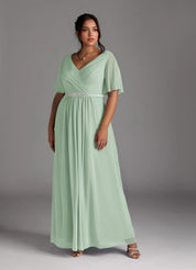 Augday A-Line V-Neck Pleated Chiffon Dress Plus Size