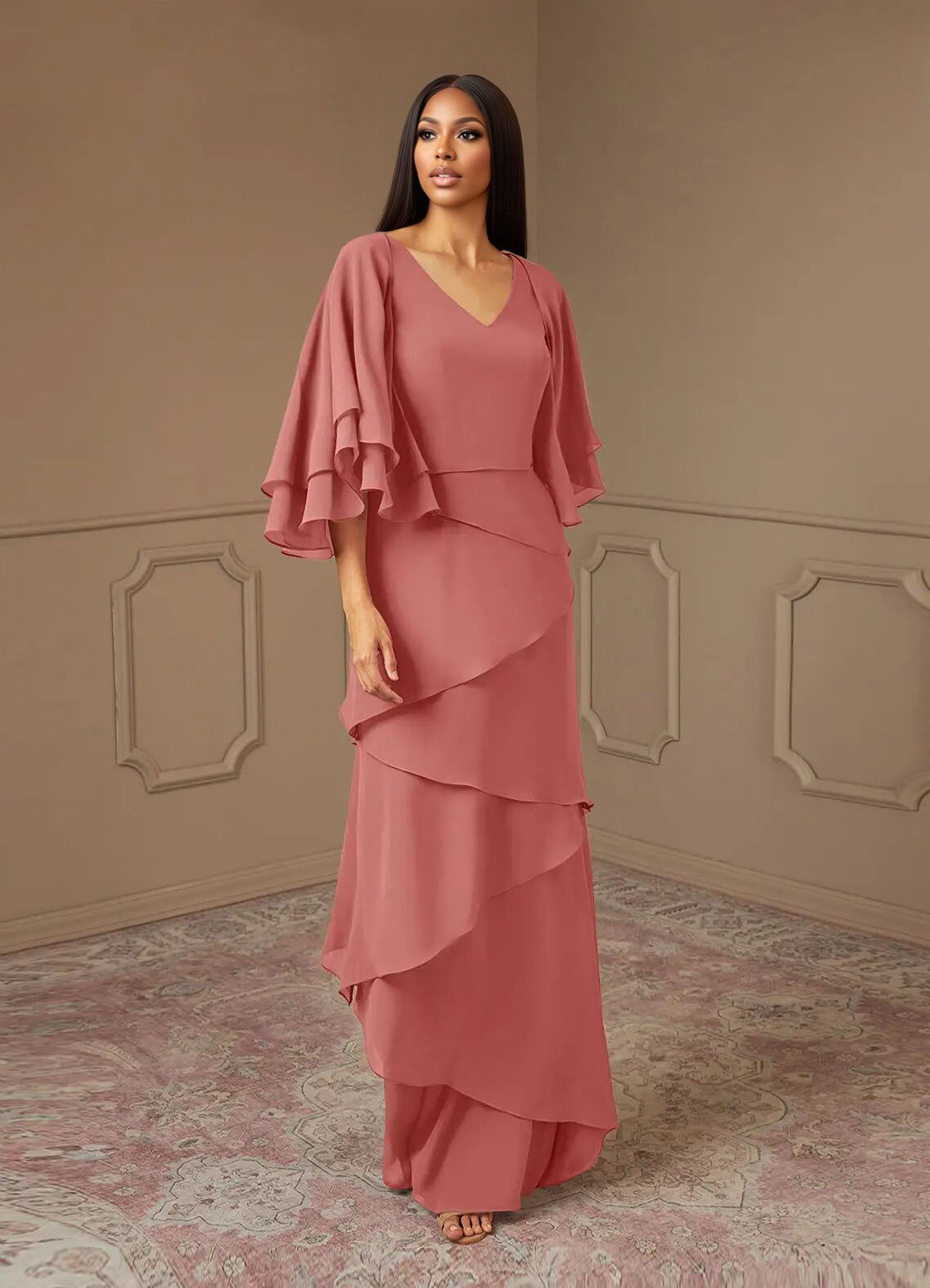 Augday OHara A-Line V-Neck Chiffon Dress