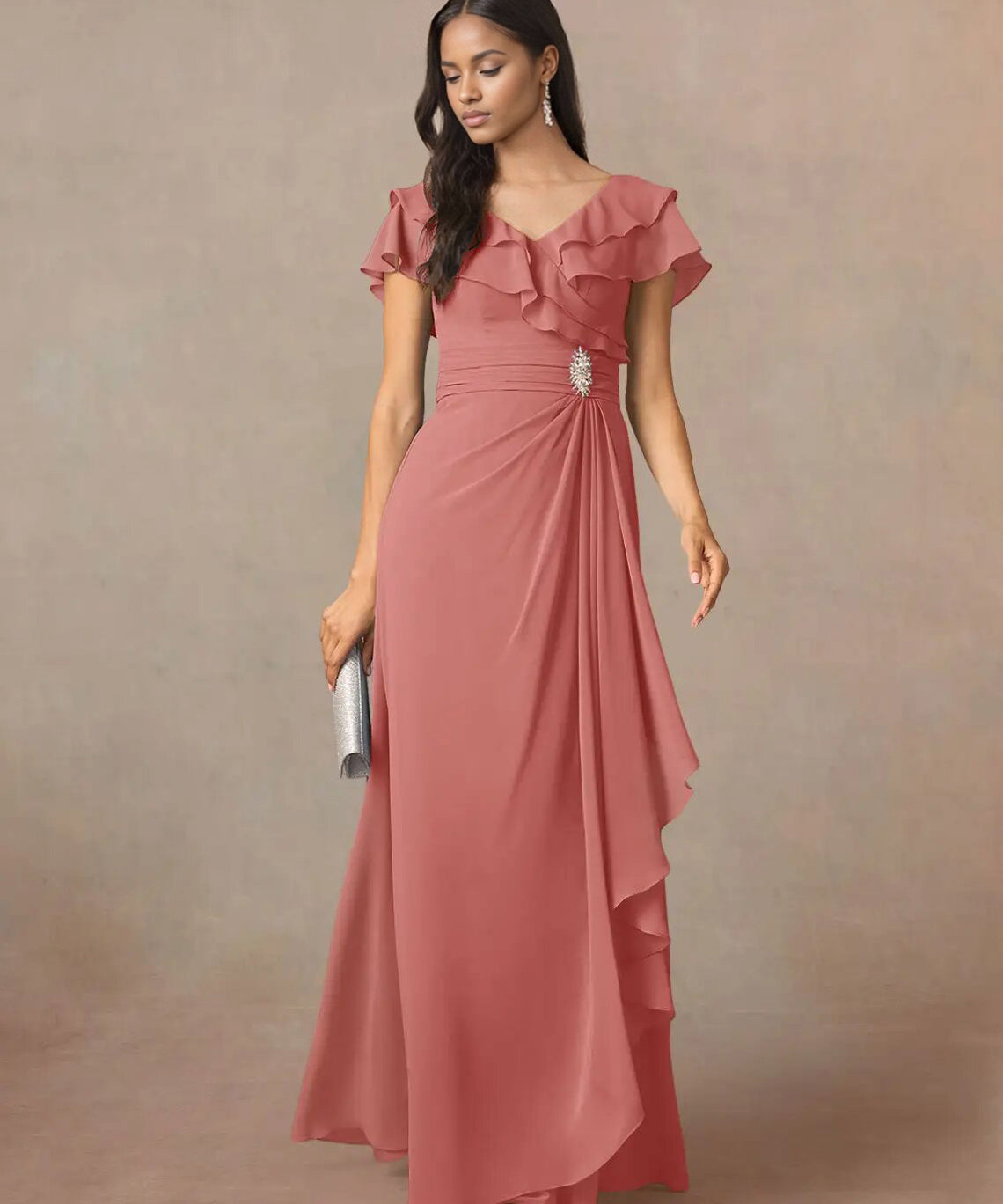 Augday A-Line V-Neck Ruched Chiffon Dress