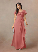 Augday A-Line V-Neck Ruched Chiffon Dress
