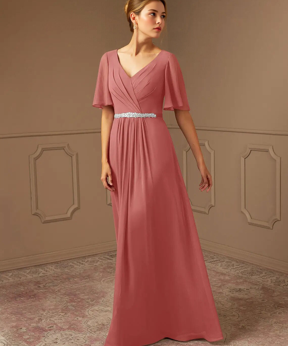 Augday A-Line V-Neck Pleated Chiffon Dress