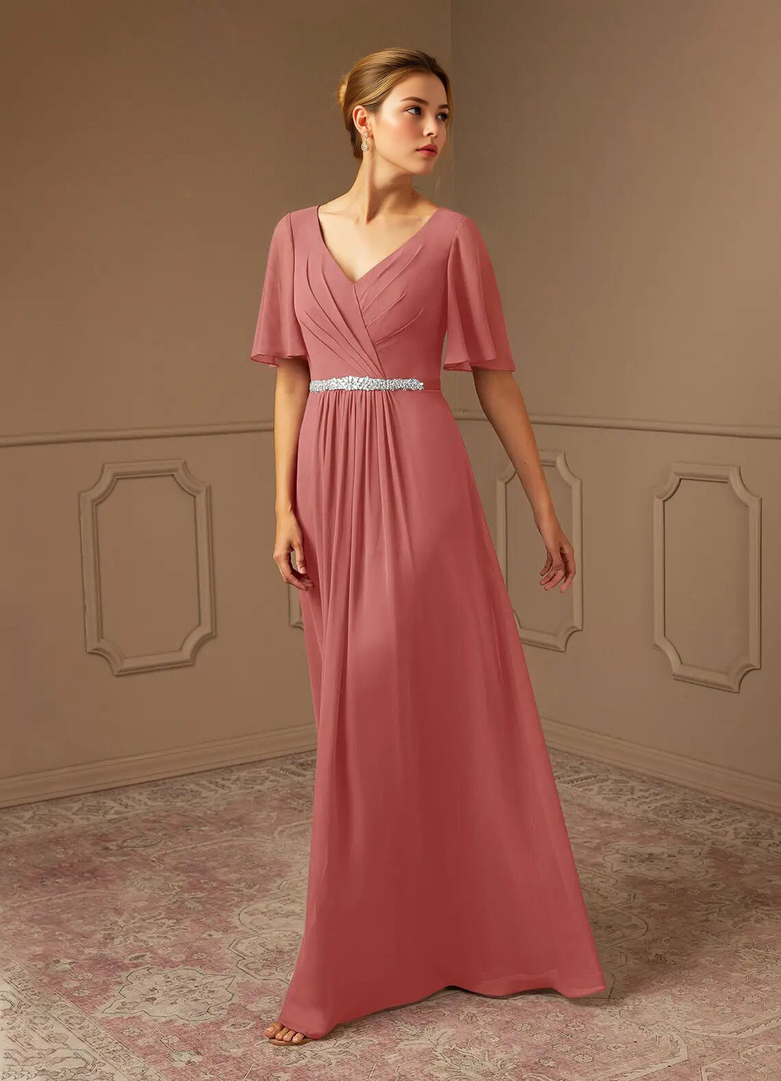Augday A-Line V-Neck Pleated Chiffon Dress