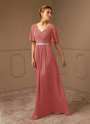 Augday A-Line V-Neck Pleated Chiffon Dress