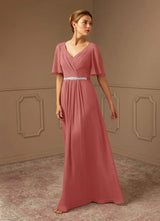Augday A-Line V-Neck Pleated Chiffon Dress