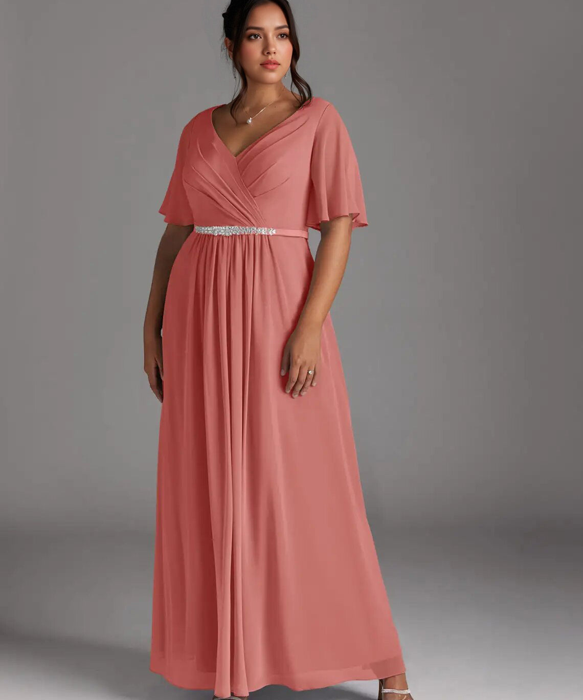 Augday A-Line V-Neck Pleated Chiffon Dress Plus Size