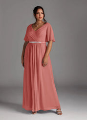 Augday A-Line V-Neck Pleated Chiffon Dress Plus Size