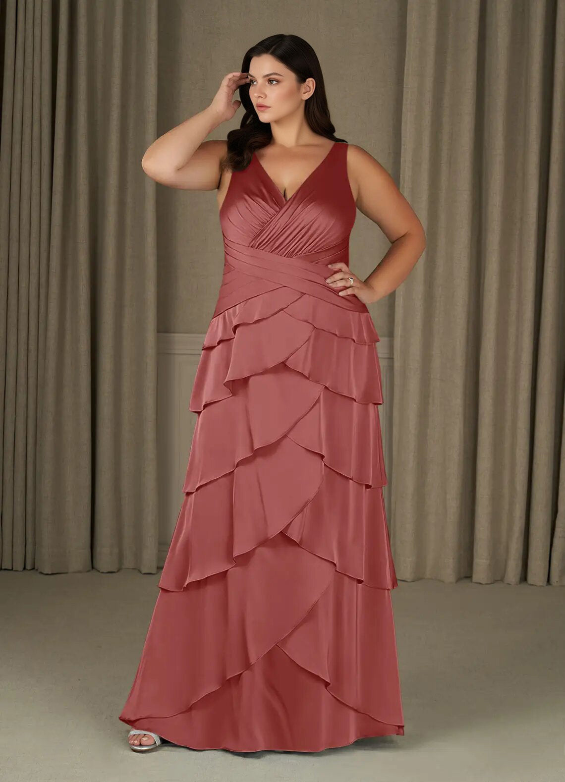 Augday Viola A-Line Pleated Stretch Satin Dress Plus Size