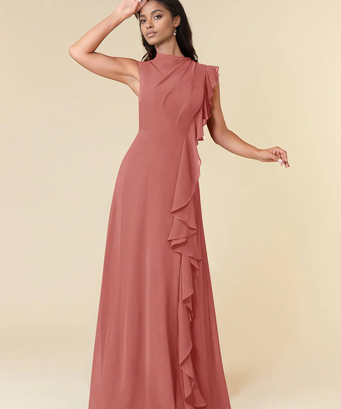 Augday A-Line High Neckline Pleated Chiffon Dress
