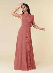 Augday A-Line High Neckline Pleated Chiffon Dress