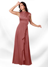 Augday Narine A-Line High Neckline Pleated Stretch Satin Dress