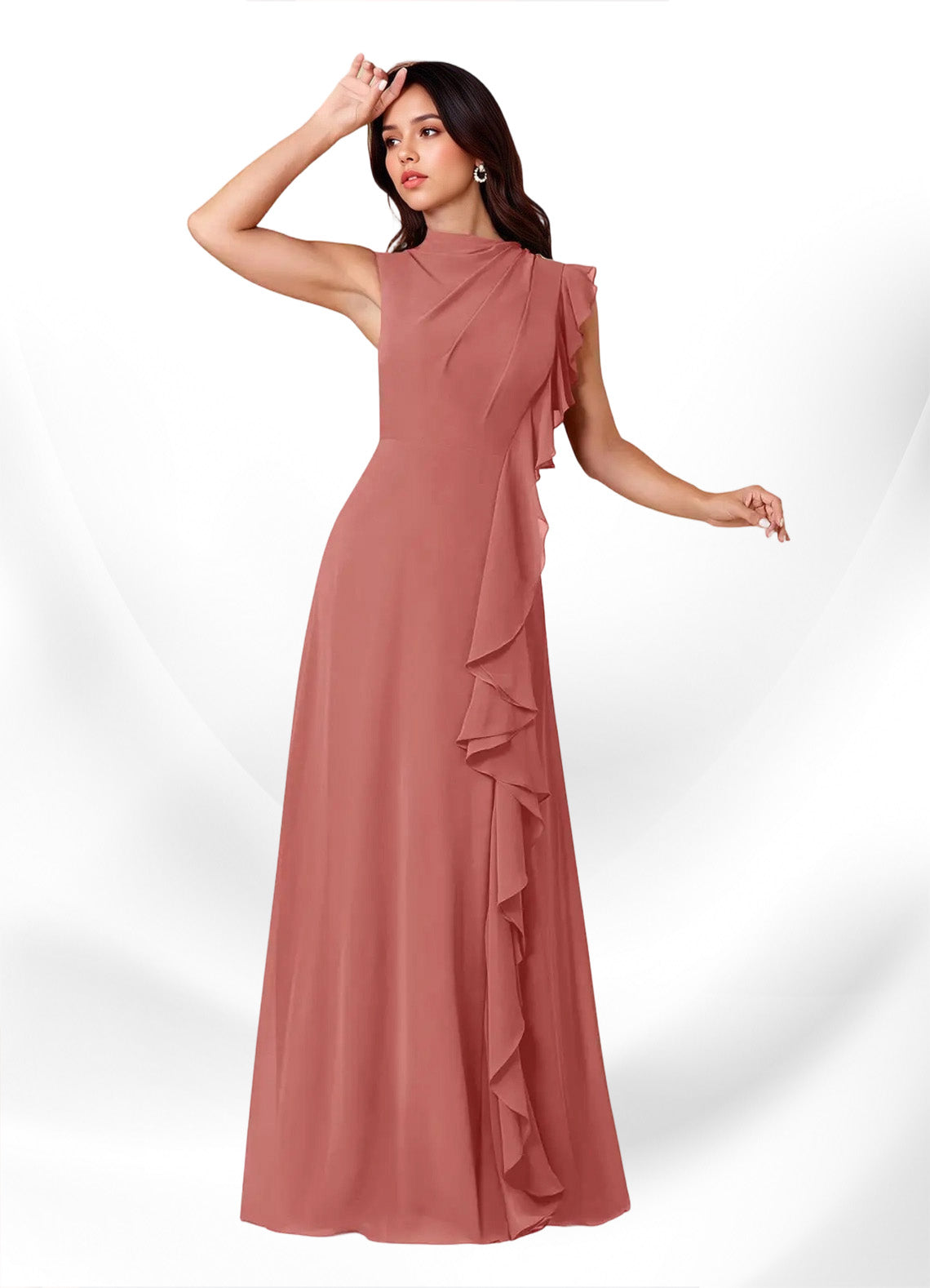 Augday Narine A-Line High Neckline Pleated Chiffon Dress