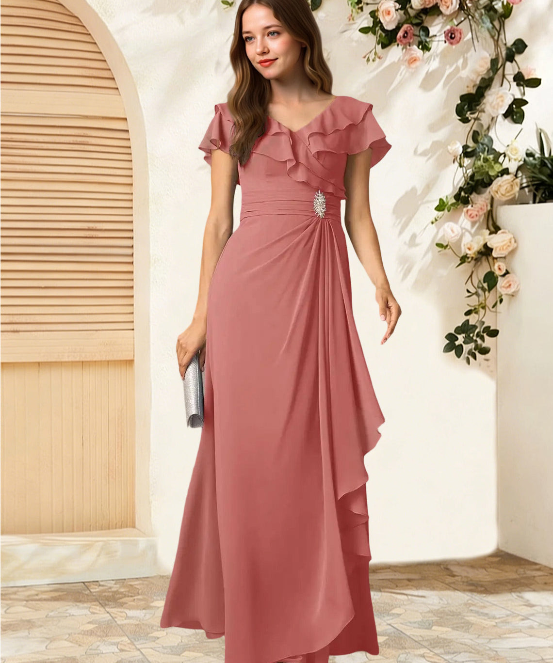 Augday Snapdragon A-Line V-Neck Ruched Chiffon Dress