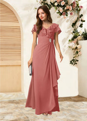 Augday Snapdragon A-Line V-Neck Ruched Chiffon Dress