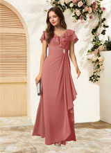 Augday Snapdragon A-Line V-Neck Ruched Chiffon Dress
