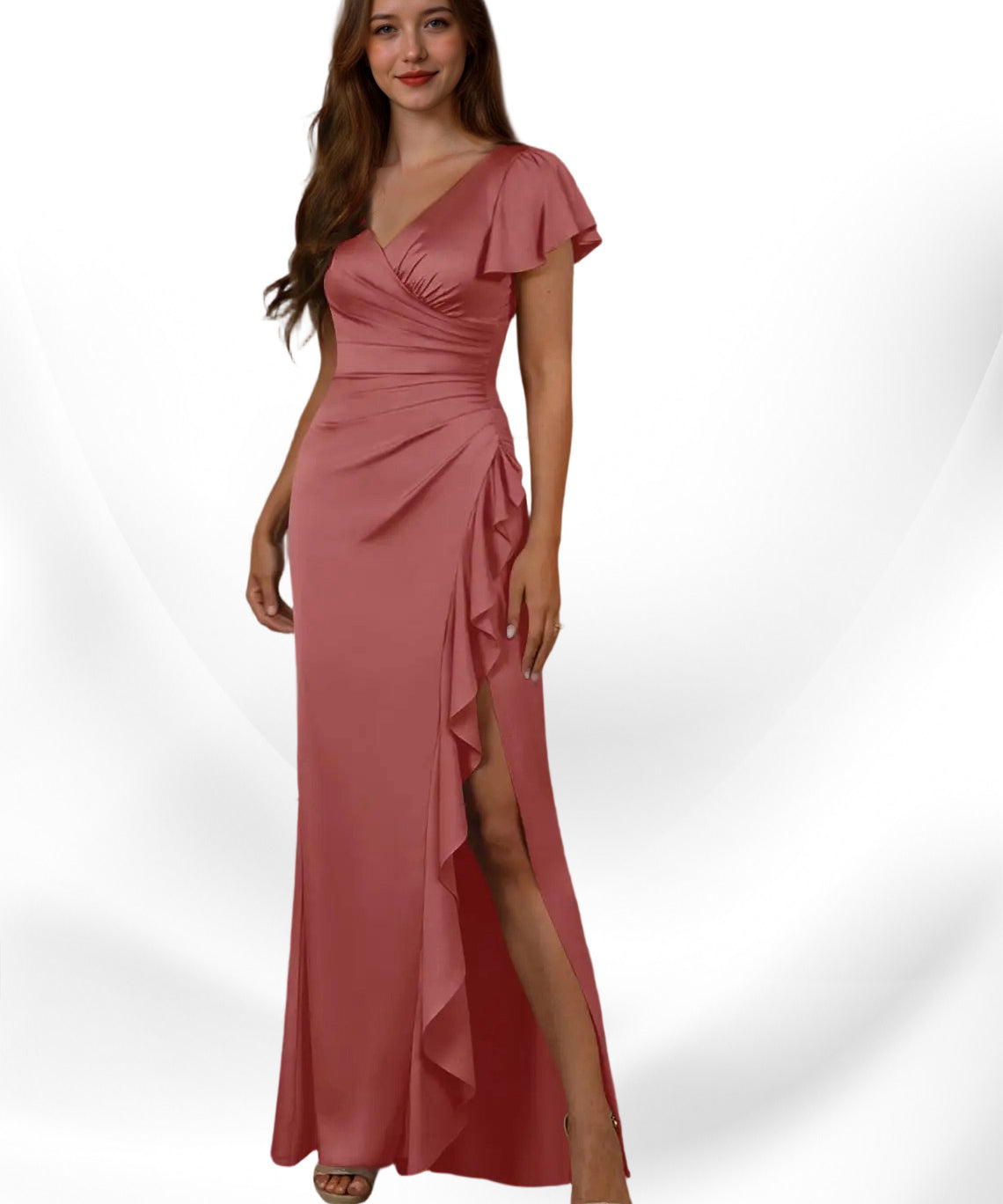 Augday Roya Mermaid V-Neck Pleated Stretch Satin