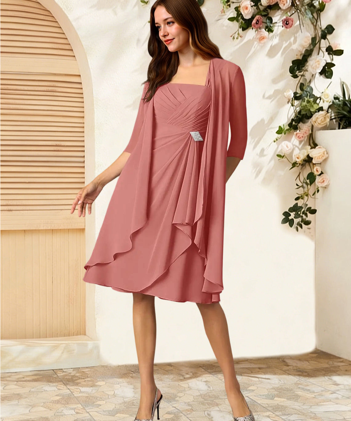Augday Olivia A-Line Square Neckline Pleated Chiffon Dress